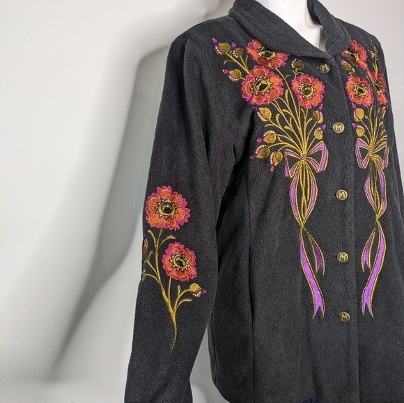 Bob Mackie black orange floral embroidered fleece jacket L - Picture 5 of 10